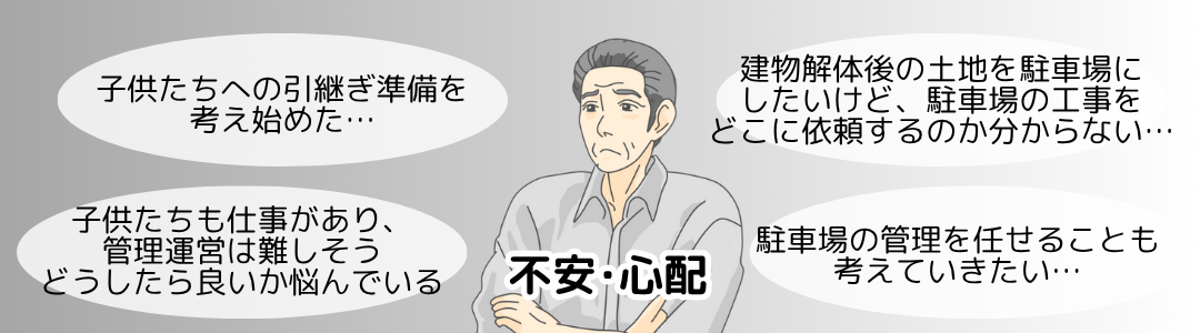 不安・心配
子どもたちへの引き継ぎ準備を考え始めた
建物解体後の土地を駐車場にしたいけど、駐車場の工事をどこに依頼するのかわからない…
子どもたちも仕事があり、管理運営は難しそう。どうしたら良いか悩んでいる
駐車場の管理を任せることも考えていきたい